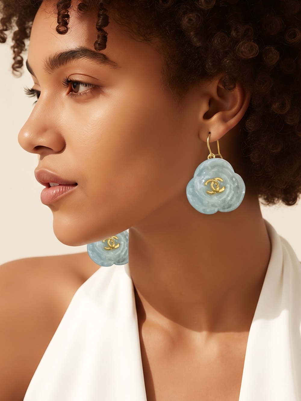 Pale Blue Camellia Drop Earrings with Gold CC